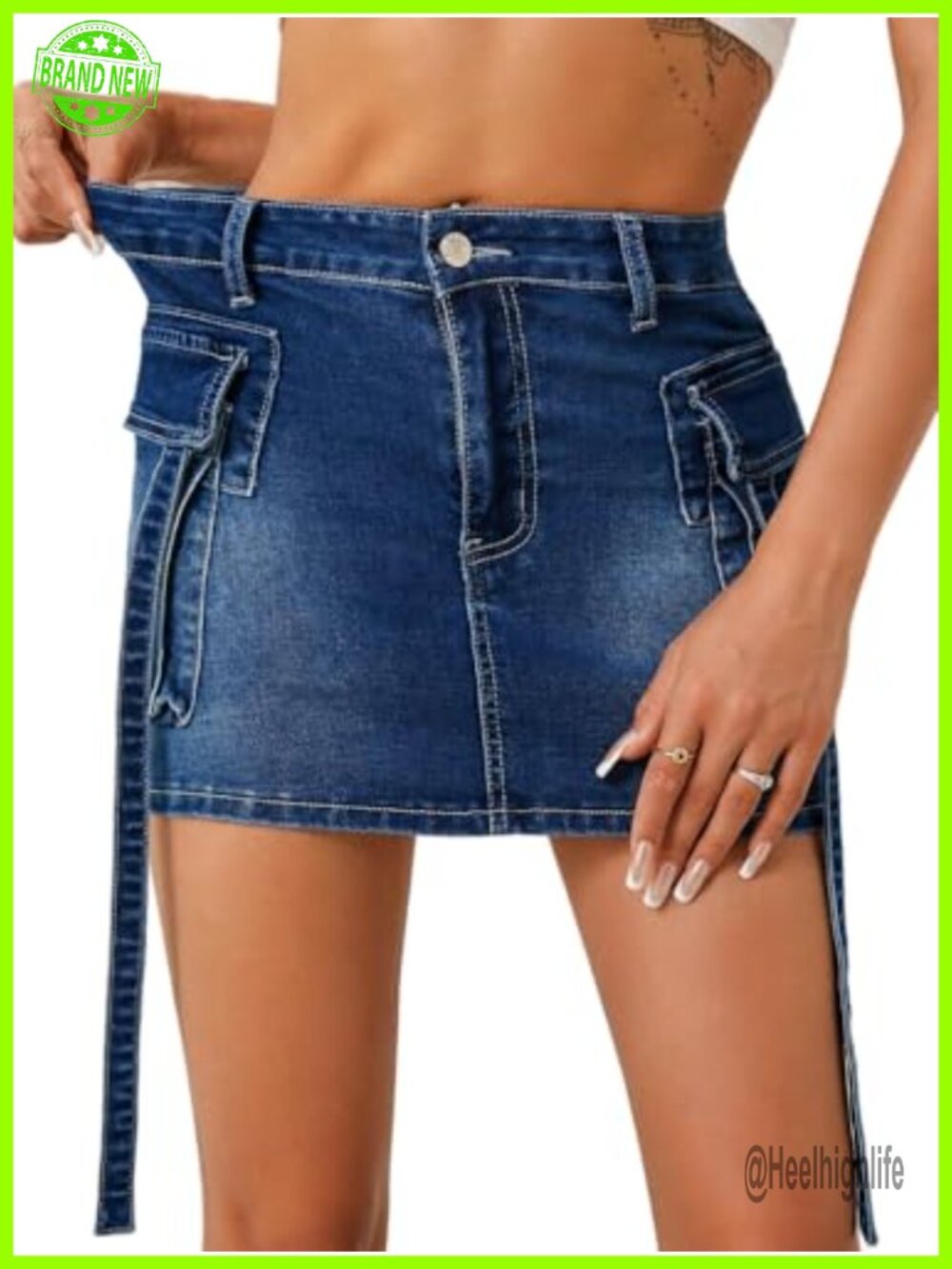 High Waisted Cargo Denim Mini Skirt Y2K Smocked Pockets